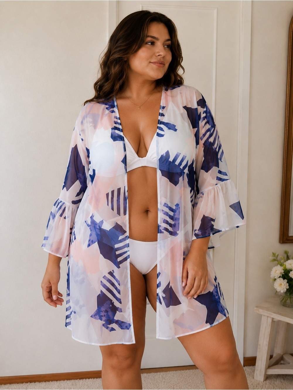Torrid Blue Peach Abstract Print Sheer Kimono Swim Cover-Up Size 1/2